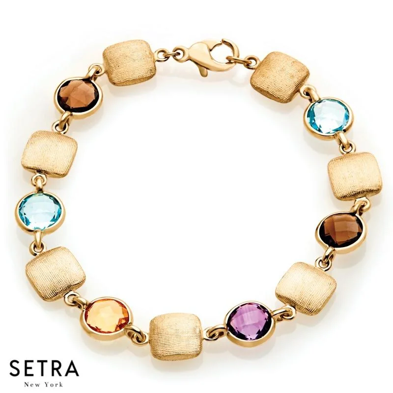 FINE DESIGNER 14K YELLOW MULTI COLOR GEM STONES BRACELET