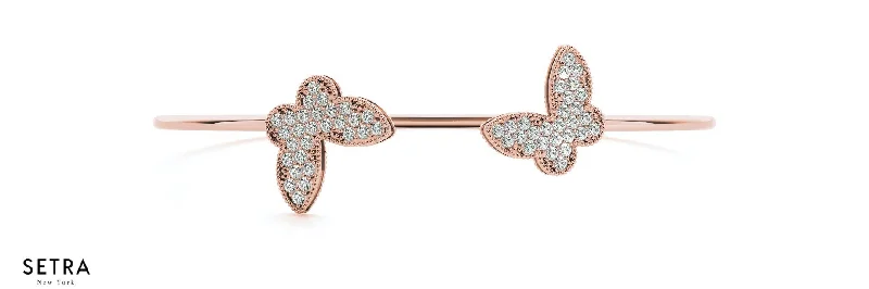 Classic Butterfly Open Micro Pave Set Bangle Bracelets 14K Gold