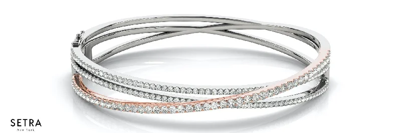 Round Cut Diamonds Women's Open Twist Bangle Solid Bracelet 14k Gold