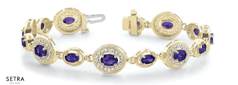 Total 4.65ct Oval Cut Natural Genuine Amethyst & Diamonds Bracelet In 14k Gold