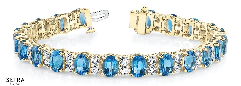 7.80ct Round Cut Diamonds & Blue Topaz Women's Bridal Fancy Solid Bracelet In 14k Gold