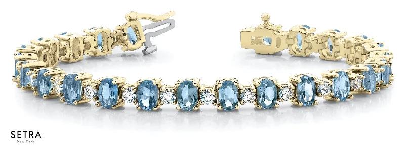 Round Cut Natural Diamonds & Blue Topaz Women Bridal Fancy Solid Bracelet In 14k Gold