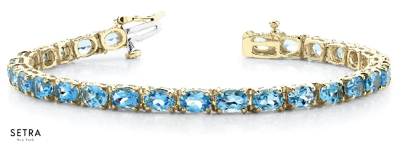 Oval Cut Natural Blue Topaz Women Bridal Fancy Solid Bracelet In 14k Gold