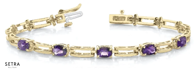 OVAL AMETHYST OPEN LINK BRACELET YELLOW 14K GOLD