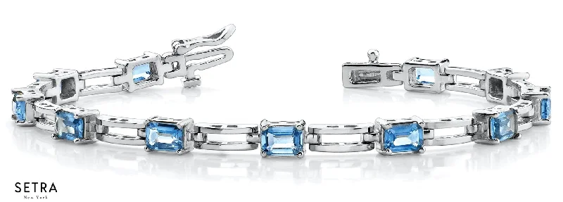 Emerald Cut Natural Blue Topaz Women's Bridal Fancy Solid Bracelet In 14k Gold