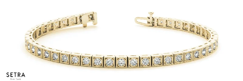 Round Cut Diamonds Women's Bridal Solid Tennis Bracelet In 14k Gold