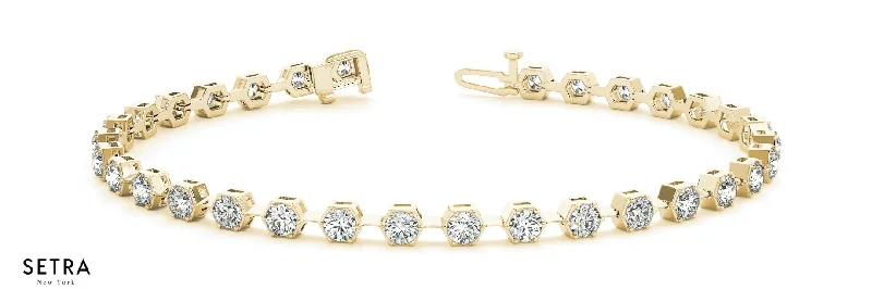 Round Cut Diamonds Women's Bridal Fancy Solid Tennis Bracelet In 14k Gold