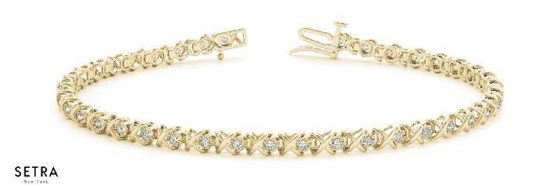 18K Gold ''XO'' Round Cut Diamonds Women's Link Tennis Bracelet