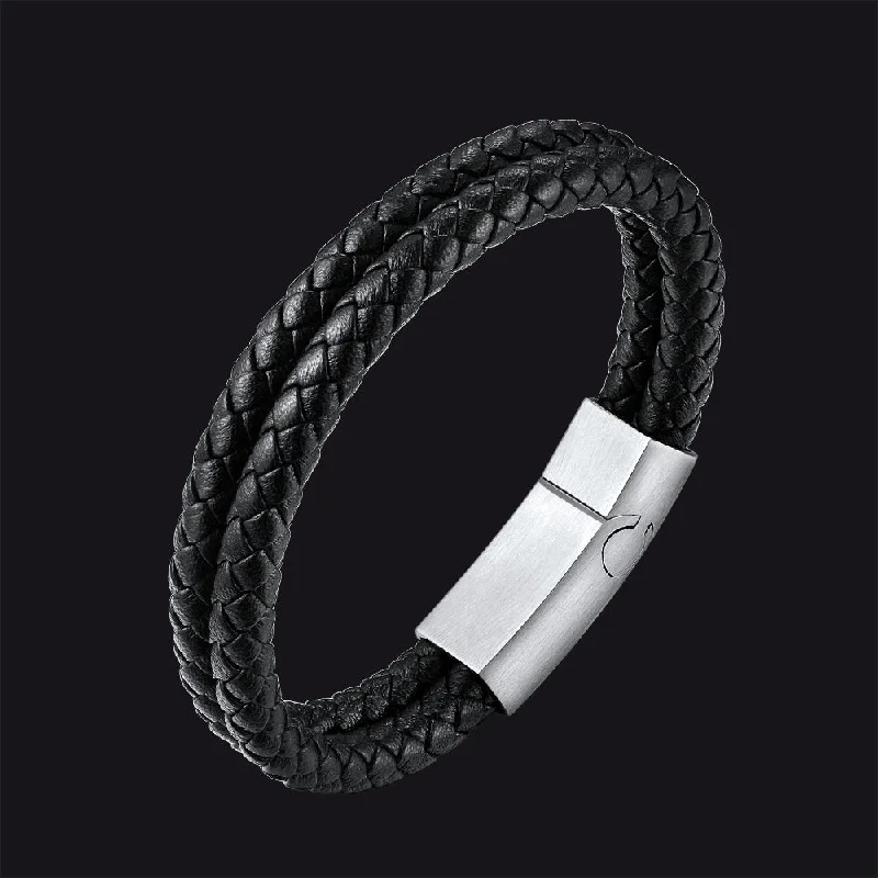 Engraved Custom Double Black Braided Leather Bracelet Cuff for Men Son