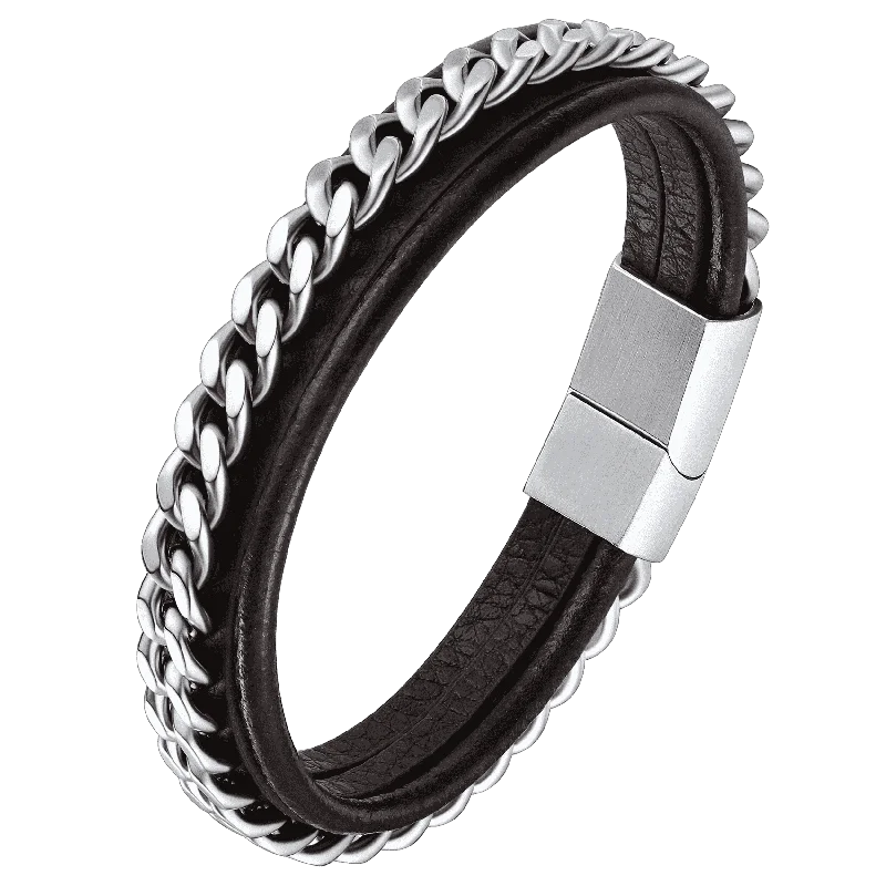 Customized Black Braided Leather Bracelet Cuff with Chain for Men Son