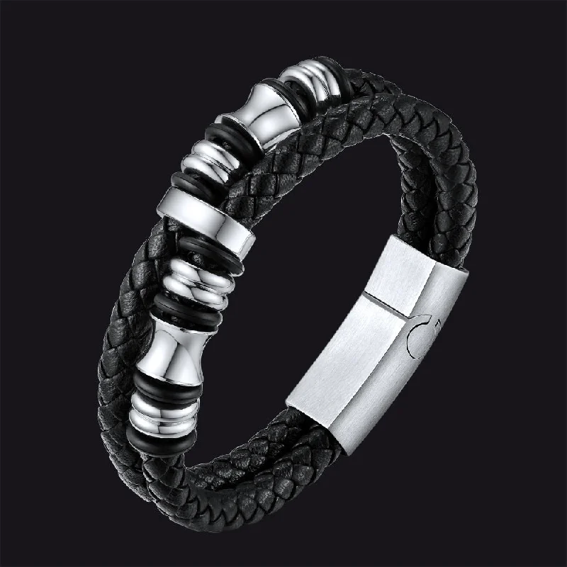 Engraved Black Braided Leather Bracelet Cuff Gift for Men