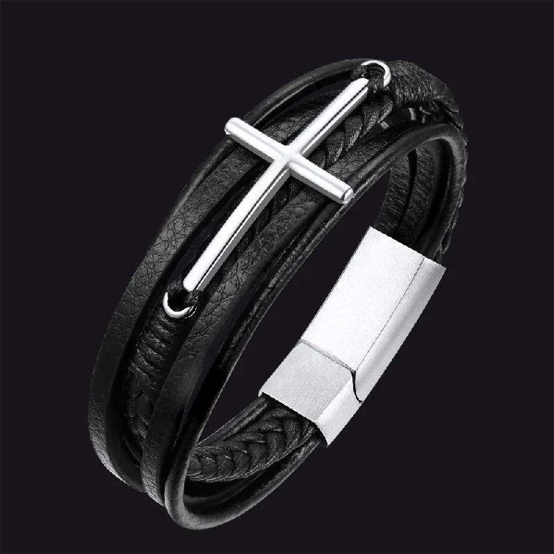 Cross Multi-Layer Braided Leather Bracelet for Men