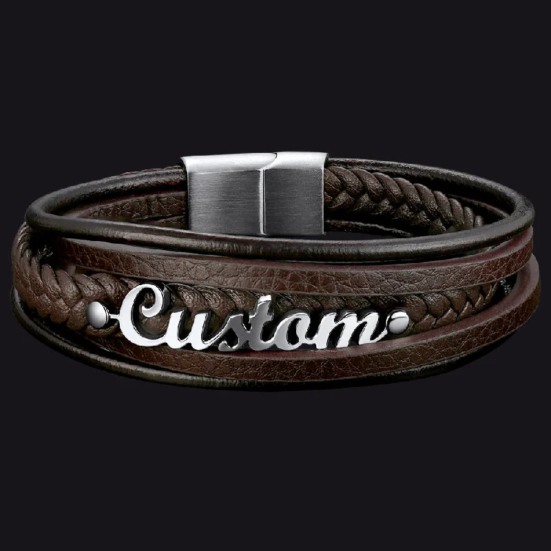 Custom Clasp Braided Leather Wristband Bracelet for Men Son Lover