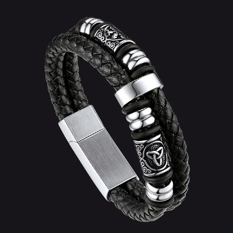 Viking Black Engraved Leather Braided Wristband Bracelet for Men