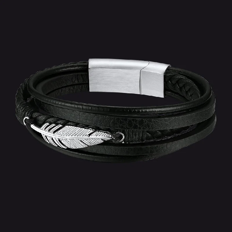 Feather Multi Layer Braided Leather Bracelet Gift for Men Son