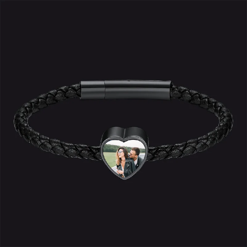 Customized Heart Black Braided PU Leather Bracelet with Picture Memorial Gift