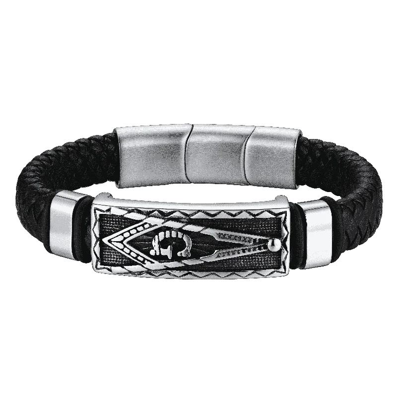 Masonic Compass Braided Black Leather Bracelet For Men