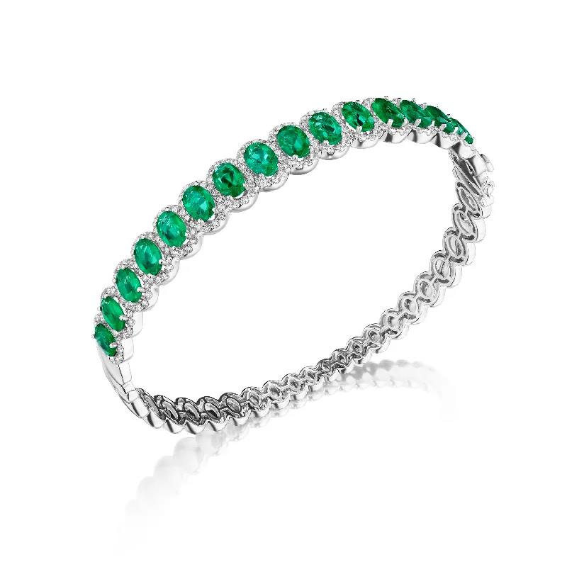 Oval Emerald & Round Diamond Bangle