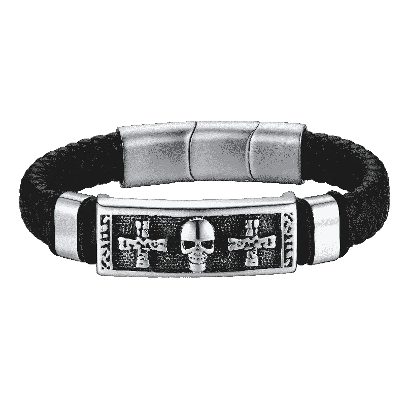 Punk Black Skull Braided Leather Bracelet For Men