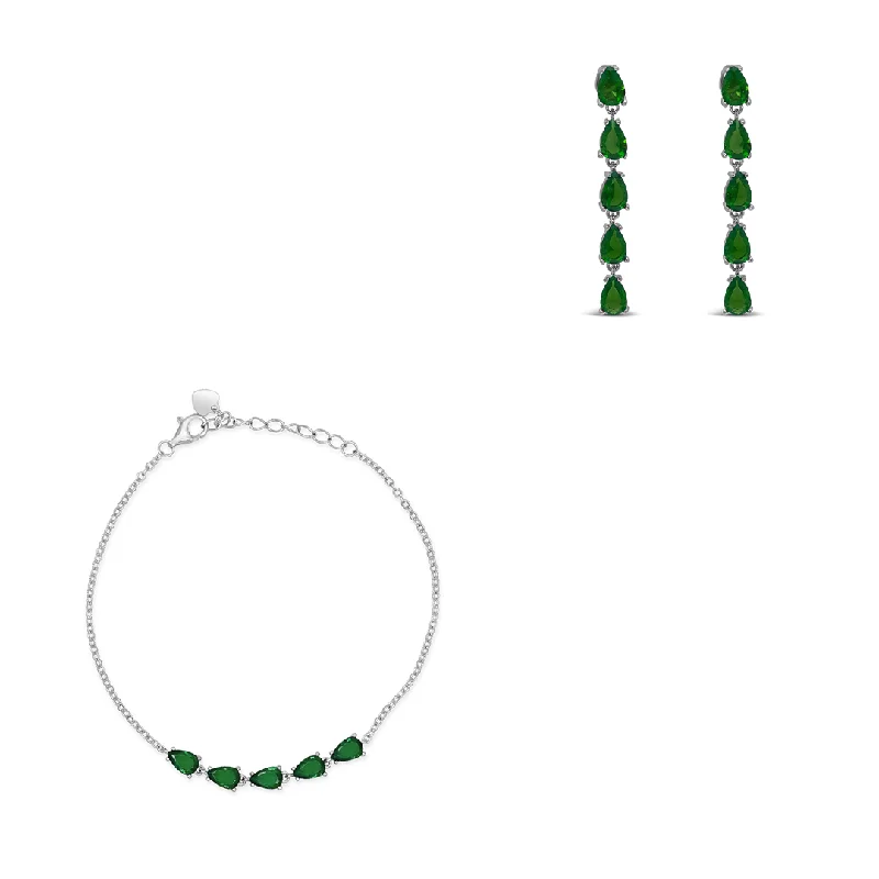 GREEN LINE OF PEARS BRACELET & STUD EARRING HALF SILVER SET