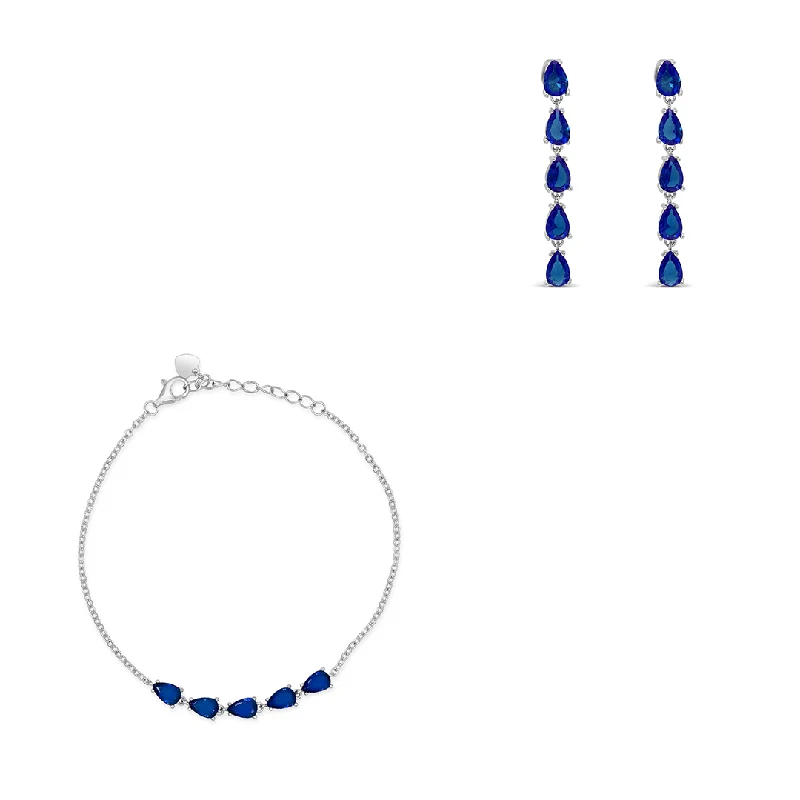 BLUE LINE OF PEARS BRACELET & STUD EARRING HALF SILVER SET