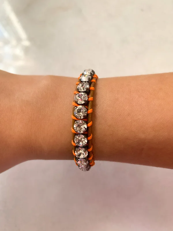 Swarovski Crystal Leather Bracelet/Clear & Neon Orange