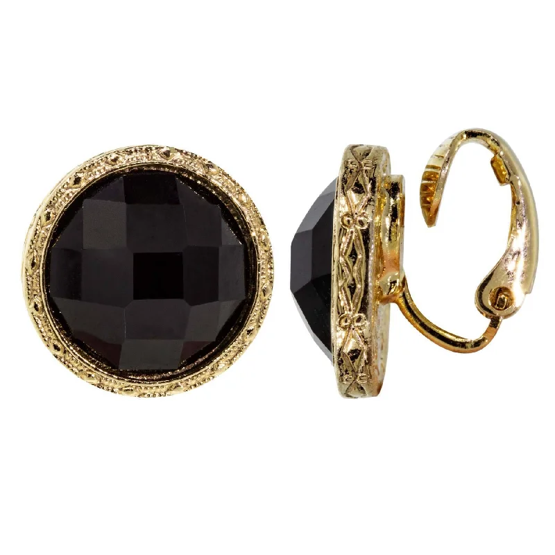 1928 Jewelry Black Round Faceted Stone Button Clip On Earrings