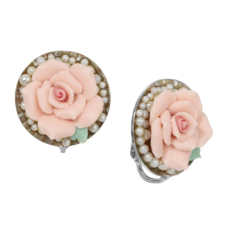 1928 Jewelry Pink Porcelain Rose & Faux Pearls Clip Earrings