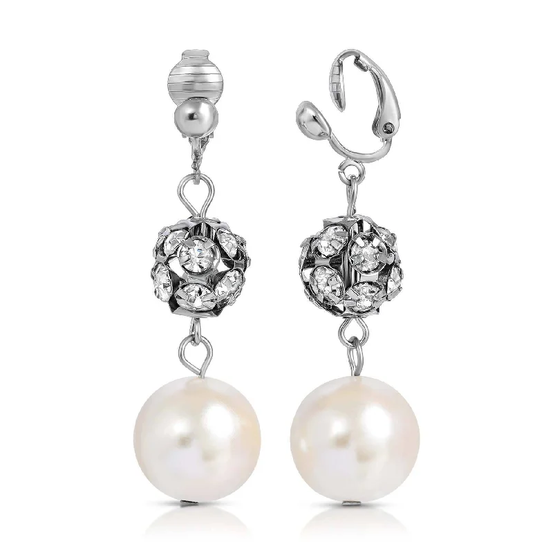 1928 Jewelry White Faux Pearl And Crystal Fireball Drop Clip On Earrings