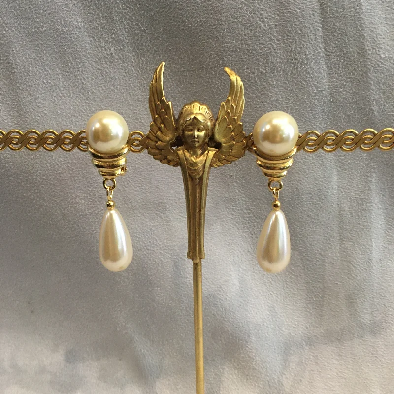 Vintage Gold and Pearl Clip on Drop Chandelier Earrings