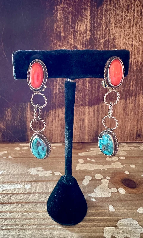 VINTAGE TURQUOISE and CORAL Clip On Silver Earrings • 10g