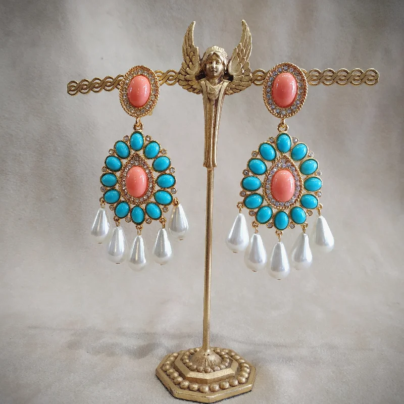 Kenneth Jay Lane Coral Turquoise Pearl Chandelier Vintage Clip on Earrings