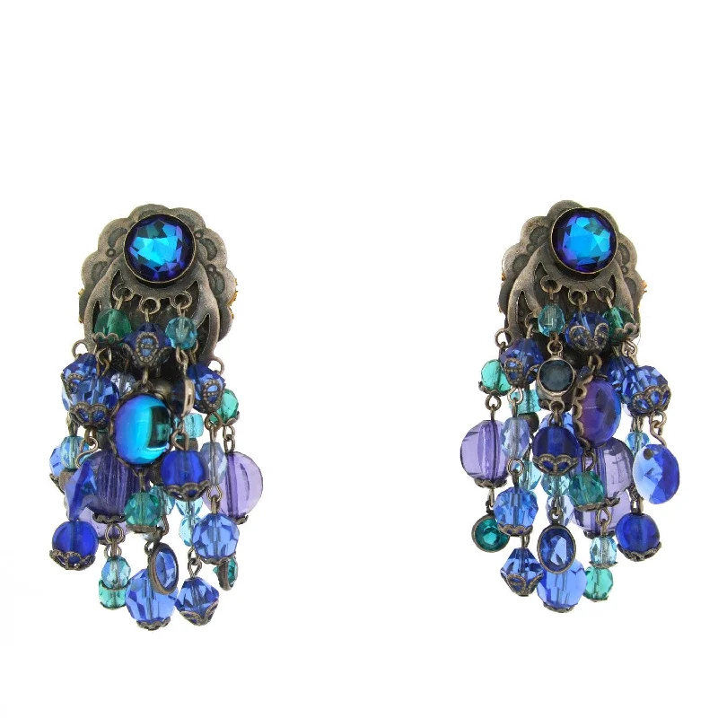 Askew London Chandelier Clip on Earrings Blue Beaded Silver Large