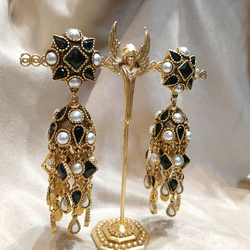 Black pearl chandelier clip on earring by Satellite