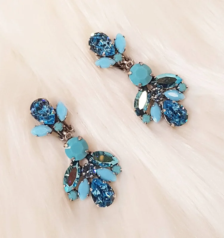 Blue Crystal Earrings Clip On Chandelier By Frangos Silver