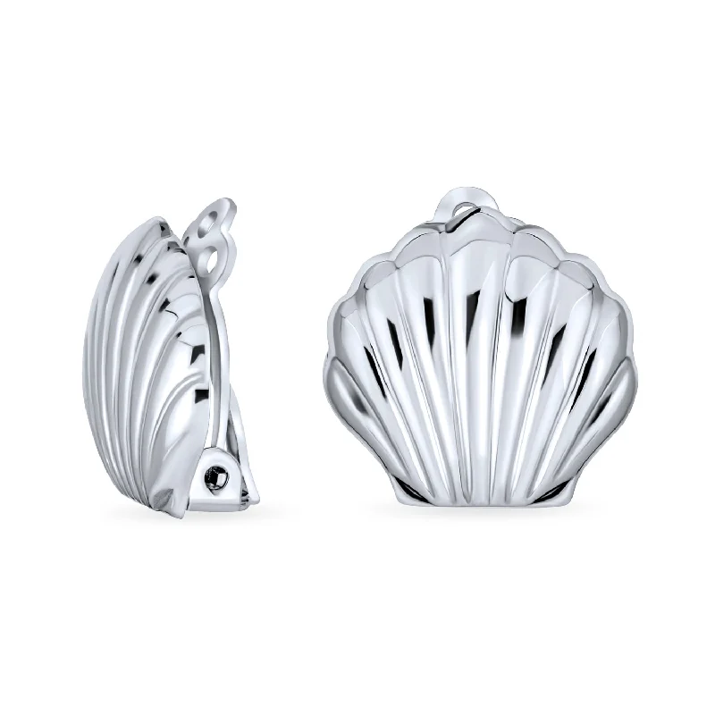 Carved Seashell Nautical Clip-On Earrings 14K Gold Plated Sterling Silver