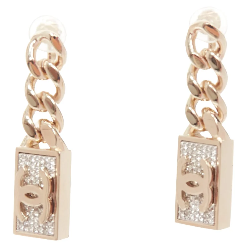 Chanel CC Crystal Pave Rectangle Brick Chain Drop Clip On Earrings