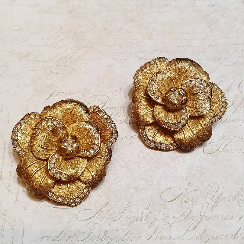 Christian Dior Vintage Earrings Gold Flower Clip On Large