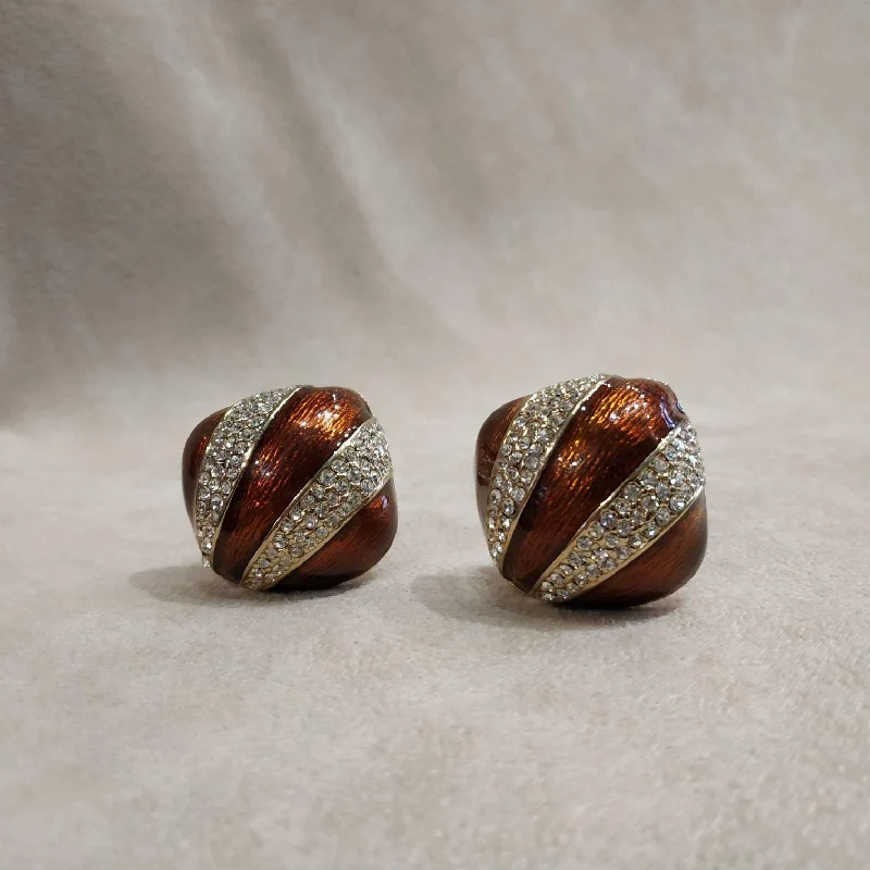 Ciner Vintage Art Deco Earrings Gold / Brown enamel Clip On