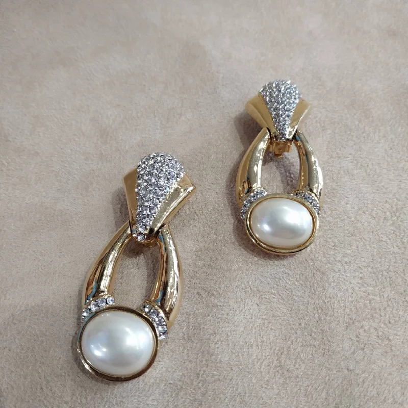 Ciner Vintage Earrings Gold / Clear crystal Pearl Door Knocker Clip On