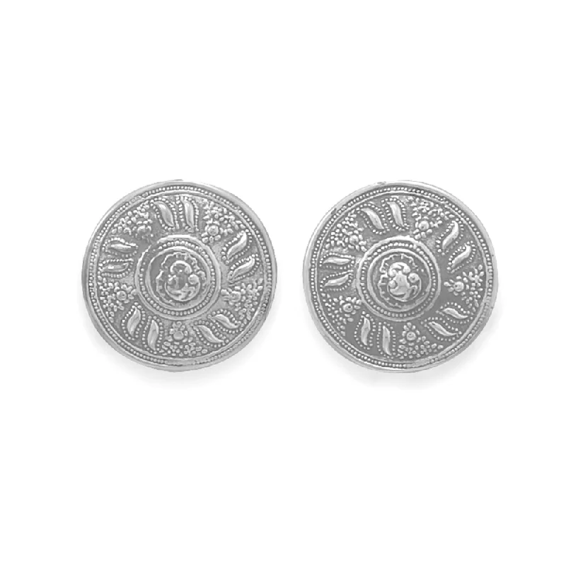 Clip-On Earrings Round Button Antique Vintage Sterling Silver