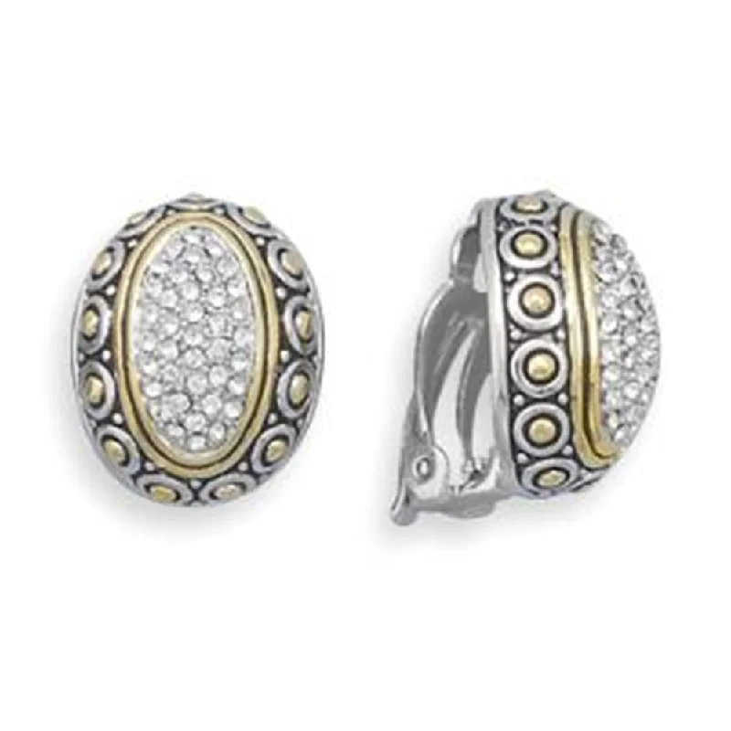 Clip-On Earrings Two-tone Gold and Sterling Silver Pave Cubic Zirconia Non-pierced