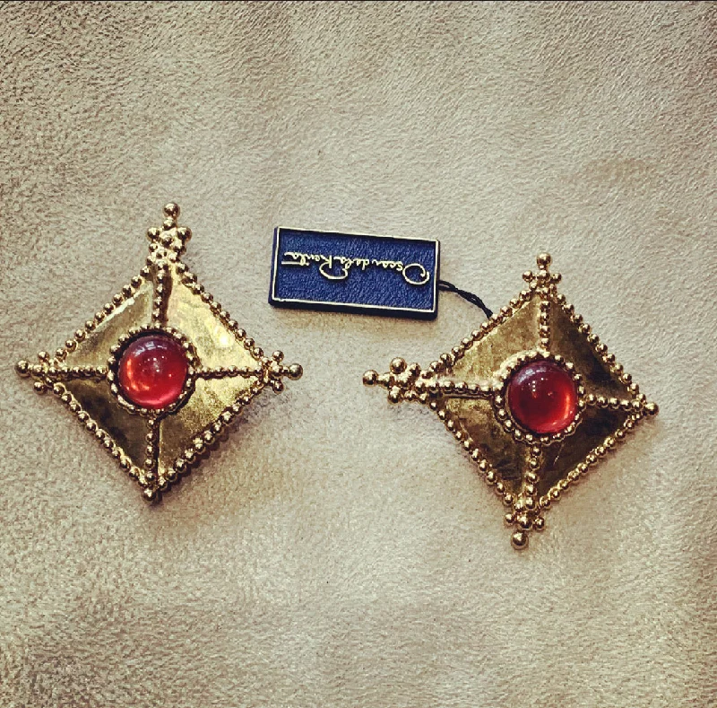 Red square clip on earrings by Oscar de la Renta