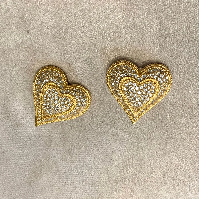 Crystal double  heart vintage gold clip on earrings