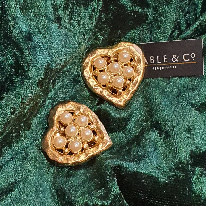 Vintage Gold Plated Heart Clip on Earrings with Pearl Stones