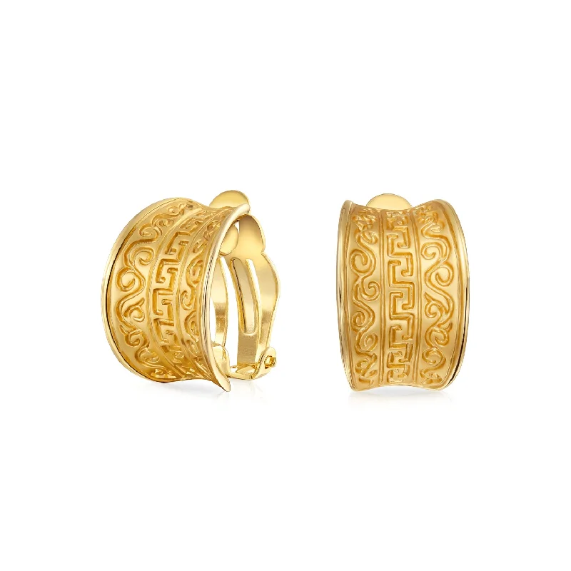 Egyptian Greek Motif Clip-On Earrings Wide Half Hoop Matte 14K Gold Plated Brass