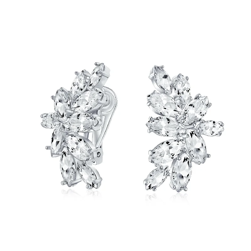 Elegant Bridal Marquise Cut CZ Leaf Clip-On Earrings for Weddings and Proms