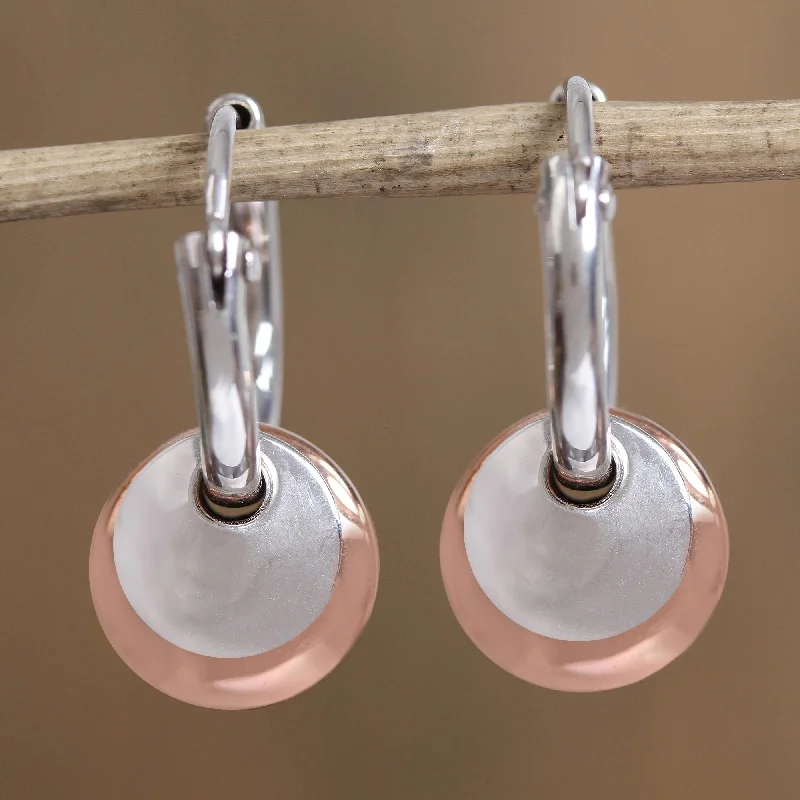 Elegant Eclipse Round Sterling Silver and Copper Hoop Dangle Earrings