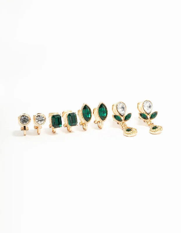 Emerald Diamante Mixed Shape Clip On Earrings 4-Pack