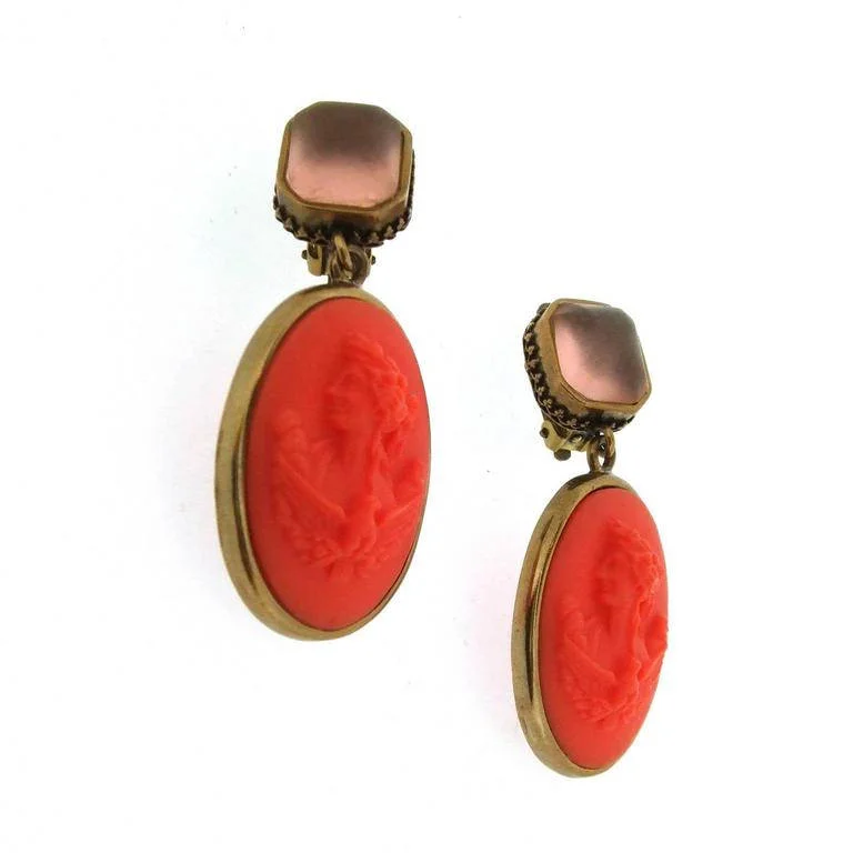 Extasia Cameo Earrings Coral German Glass Bronze Pink Swarovski Crystal Clip On